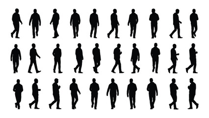 Multiple men walking silhouettes isolated on white background, Vector