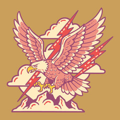 Vintage Pink Eagle Mascot Flying with Lightning Bolts and Clouds. Retro American Traditional Tattoo Style Vector Illustration.