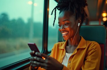 An african woman rides public transport. She smiles while using a phone. The lady listens music via earphones. She enjoys digital tech while traveling in a bus.
