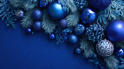 Christmas tree decoration top view, blue background. Merry Christmas and Happy Holidays greeting card, frame, banner. New Year. Winter xmas festive celebration theme.