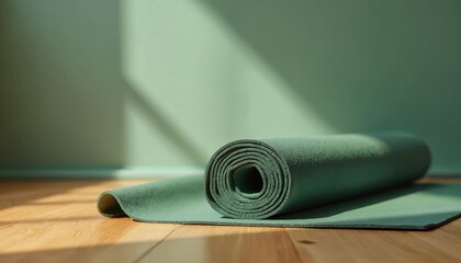 Obraz premium Rolled green yoga mat stands on wooden floor. Interior with wall background. Fitness studio home training concept. Equipment for stretching. Sunlight, shadow. Sport lifestyle, recreation. Practice