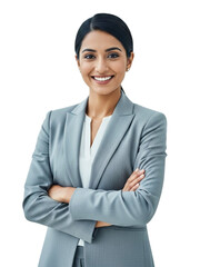 Confident businesswoman with arms crossed smiling against a black background