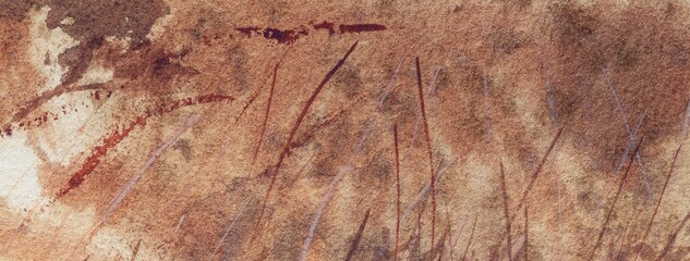 Brown watercolor texture abstract background with beige paint splashes and stains for design, macro. Art wallpaper