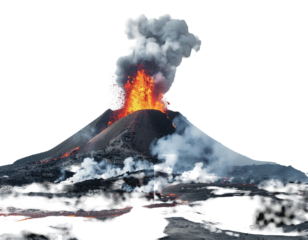 Erupting volcano spews ash, lava, dark landscape