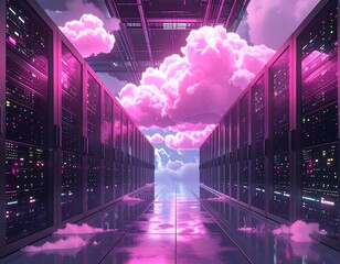 Surreal digital rendering depicts a server room with clouds