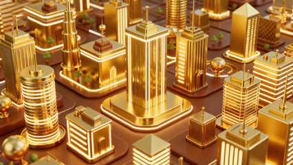 Cyberpunk Golden Future City 3D Scene