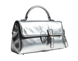 Metallic silver satchel, shiny top handle, flap closure