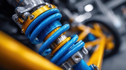 Close-up of a vibrant blue and gold coil spring suspension system