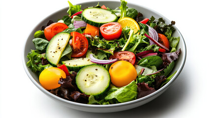 Fresh mixed salad bowl with cucumber, cherry tomato, greens and citrus zest, vibrant and crisp