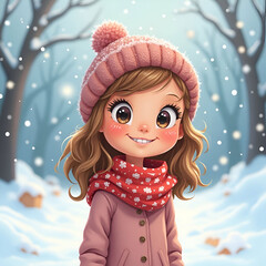 Cartoon happy little girl in winter clothes