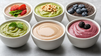 Green smoothie bowl avocado smoothie berry smoothie chocolate chia pudding peanut butter