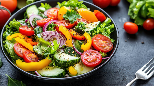 Colorful salad cucumber tomato bell pepper red onion leafy greens fresh and vibrant