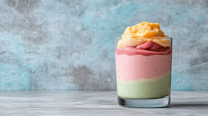 Colorful layered fruit smoothie parfait with creamy mango swirl and joyful summery vibe