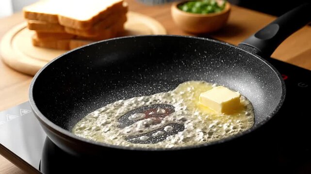 Melting organic yellow butter cube in hot non-stick frying pan using spatula to grease surface for cooking delicious savory breakfast meal in modern home kitchen environment for culinary recipes
