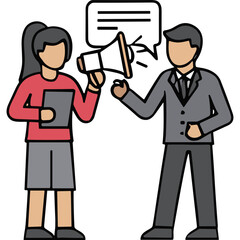 Fototapeta premium Man and Woman Communicating with Megaphone and Clipboard Symbolizing Business Announcement and Information Sharing in a Professional Setting