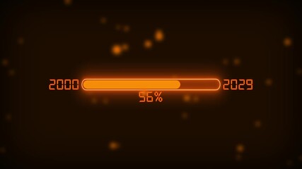 Futuristic progress bar displaying 100 percent completion from the year 2000 to 2029 with glowing orange neon lights and bokeh effects on a dark background
