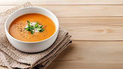 Creamy pumpkin soup with herbs and pepper garnish, warm comforting autumn meal