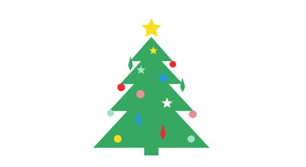 A simple, flat vector illustration features a green Christmas tree decorated with colorful ornaments and a yellow star on a clean white background, evoking a festive