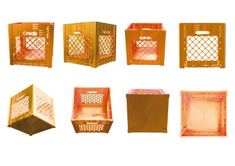 A golden square plastic milk crate from 8 angles as vector file created by 3D modeling.