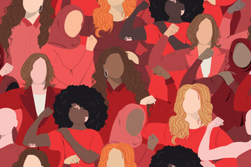 Women in red background. Powerful women. Seamless pattern with different womens. Wear red day	