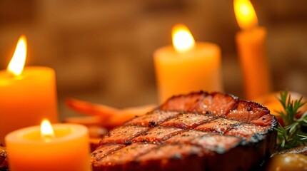 Delicious sliced steak cooked medium-rare with a shiny sauce and colorful roasted vegetables, highlighting premium food photography and rich culinary textures in high detail