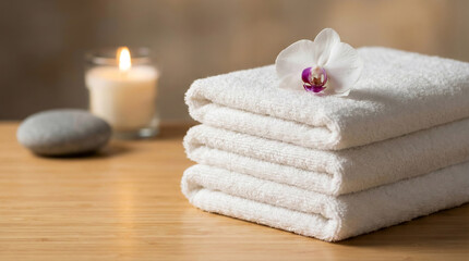 Stack of White Spa Towels with Orchid on Wooden Table
