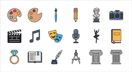 Vector icon set shows creative art symbols including painting, music, film, literature, sculpture, dance, theater, journalism tools against a clean white background.