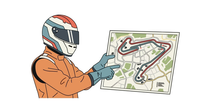 Race Car Driver Analyzing Track Map Automotive Strategy and Preparation