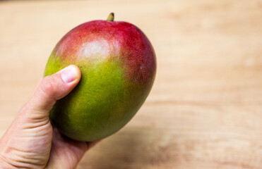 A hand holding a ripe mango with red and green skin. A healthy tropical fruit rich in vitamins, ideal for smoothies, snacks, and breakfast.