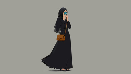 Naklejka premium A stylized illustration of a woman in a black abaya and hijab, wearing sunglasses and holding an object to her face.