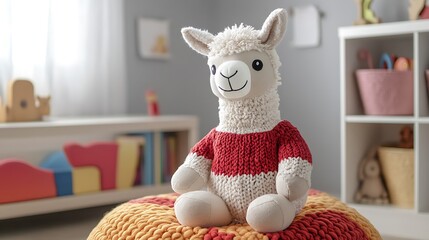 Stuffed llama in knit sweater soft plush texture sitting in a child's playroom whimsical decor