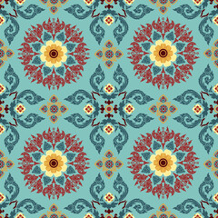 Traditional Asian Floral Mandala Seamless Pattern with Ornamental Lotus Motifs, Intricate Vintage Decorative Elements in Red, Teal and Gold, Elegant Repeating Background for Fabric, Wallpaper