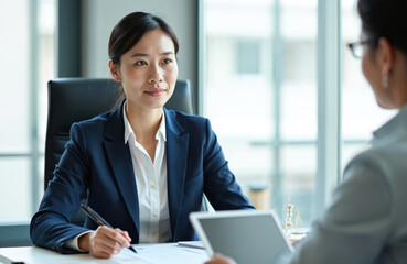 Asian woman lawyer consults client at desk. She writes notes while reviewing documents, discussing case with unseen person. Professional legal meeting in modern office setting.