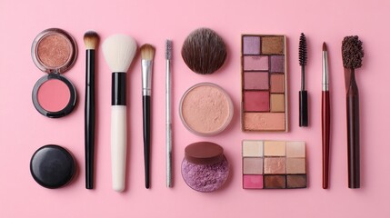 Explore the vibrant colors and tools of professional makeup artistry arranged on a soft pink background for a creative flat lay presentation aimed at beauty enthusiasts