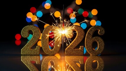 Festive celebration for the arrival of the new year 2026 with golden numbers, a burning sparkler, and colorful lights