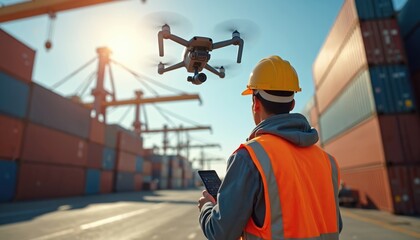 Man controls drone flying over cargo containers at shipyard. Inspector uses tech during logistic operation. Safety engineer in helmet makes freight control at dockyard. Drone inspection tech.
