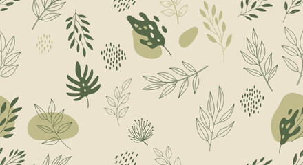 Delicate line art showcases a leafy, botanical seamless pattern in soft green and beige tones, creating a neutral and calming background.