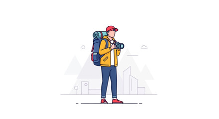 Isolated line art shows a tourist with a backpack and camera taking pictures against a minimalist mountain landscape in a bright, light style illustration.