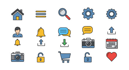 Isolated on white in flat lay, a collection of blue and yellow UI icons depicts common website navigation and settings features, creating a clean design resource.