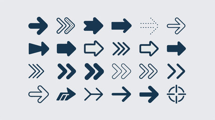 A comprehensive set of modern arrow icons pointing to the right, featuring various styles such as solid, outline, chevron, and dotted symbols for UI design