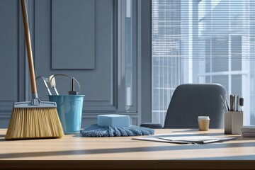 Professional janitor service maintaining cleanliness in a modern office environment during daylight hours