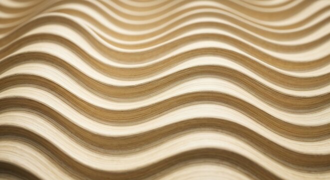 Undulating layers of pale wood or paper create a wavelike pattern enhanced by subtle lighting and soft focus