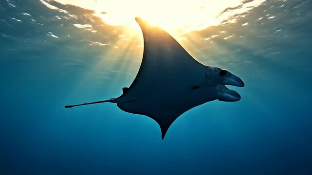 A majestic manta ray swims gracefully underwater towards the bright sunlight.