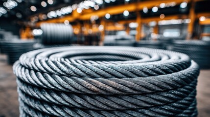 close-up of coiled steel cable in a factory setting with blurred background