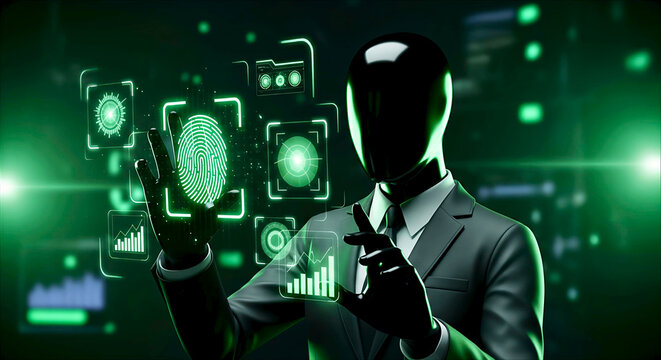 Man in suit interacting with futuristic digital fingerprint and data interface