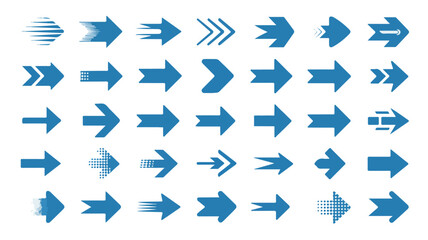 A diverse collection of forty blue arrow icons pointing to the right, showcasing various modern design styles including motion and chevron patterns