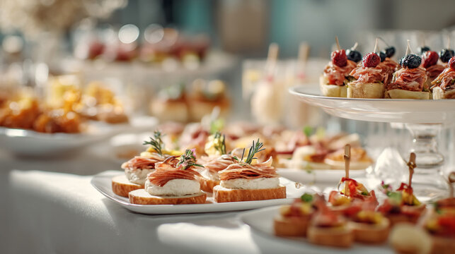 An assortment of appetizers on a buffet table at a catered event or gathering