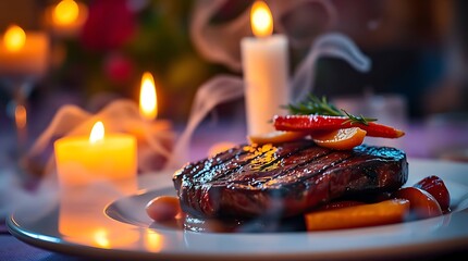 Delicious sliced steak cooked medium-rare with a shiny sauce and colorful roasted vegetables, highlighting premium food photography and rich culinary textures in high detail