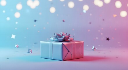 Festive gift box with sparkly confetti and soft bokeh lights celebration present