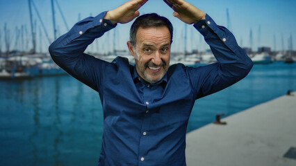 Hispanic man making gesture at seaside port with boats in the background under a clear blue sky, wearing a blue shirt while standing outdoors on a sunny day.